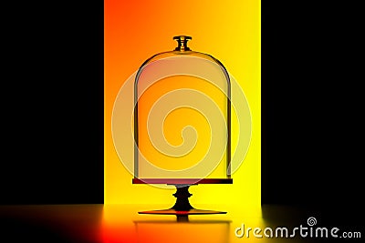 Dish With Transparent Bell Glass On Orange Illuminated Background. Showcase With Empty Space. 3d rendering Stock Photo