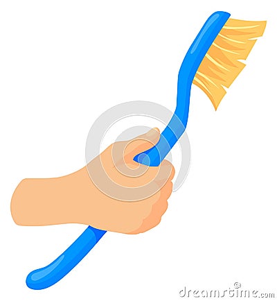 Dish washing brush in human hand. Cleaning cartoon icon Vector Illustration