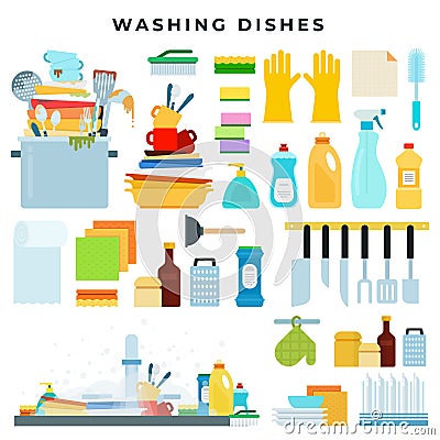 Dish washing equipment, dirty and clean dishes, kitchen utensils, detergents, dinnerware in sink. Set of flat style Vector Illustration