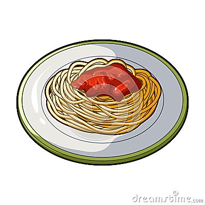 The dish in which wheat spaghetti with red sauce.Main dish vegetarian.Vegetarian Dishes single icon in cartoon style Vector Illustration