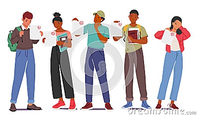 Disheartened Students Characters Display C And F Test Scores, Faces Reflecting Spectrum Of Emotions, Vector Illustration Vector Illustration