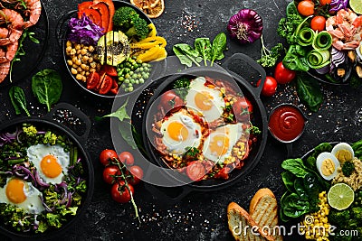 Dishes background. Set of dishes on the dining table. Food. Traditional cuisines of the world. Top view. Stock Photo