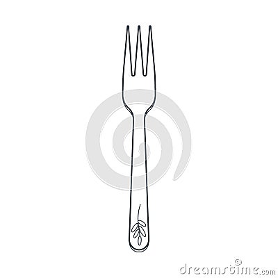 Dishes. Dessert fork with three prongs and a floral ornament on the handle. Line art Vector Illustration