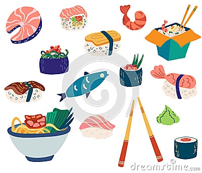 Dishes with fish and seafood. Trout, salmon, sushi, rice with shrimp, Chinese noodles. For menus of restaurants, shops and Vector Illustration