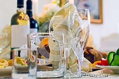 Dishes, food and drinks on the festively served table in the restaurant Stock Photo
