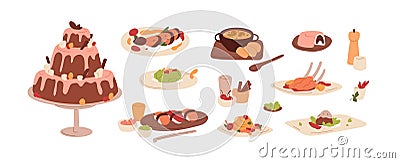 Dishes, meals set. Cooked food from restaurant. Served dinner portions on plates, cake, desserts, pastry, soup, main Vector Illustration