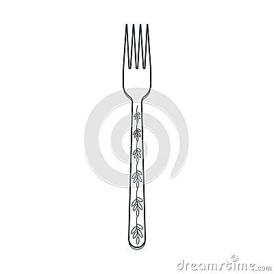 Dishes. Table fork with four prongs and a floral ornament on the handle. Line art Vector Illustration