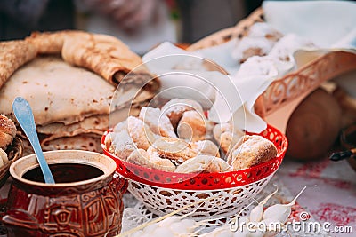 Dishes Of Traditional Belarusian Cuisine - Fresh Pastries And Honey Stock Photo