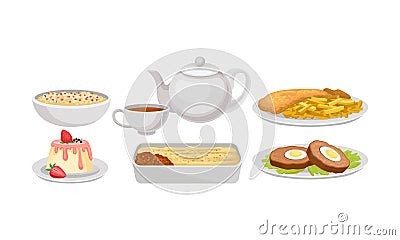 Dishes Of Traditional English Cuisine Vector Illustration Set Isolated On White Background Vector Illustration