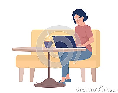 Disheveled woman typing on laptop from cafe seating semi flat color vector character Vector Illustration