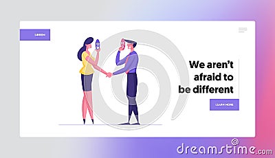 Dishonest Agreement, Faking Betray Business Partnership Landing Page Template. Businessman and Businesswoman Vector Illustration