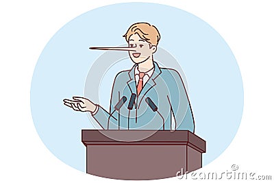 Dishonest man politician with long nose stands behind podium during election campaign Vector Illustration