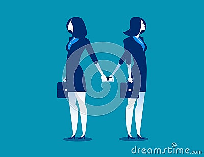 Dishonesty. Businesswoman giving money to woman behind back. Con Vector Illustration