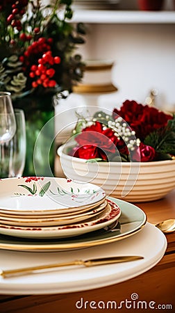 Dishware and crockery set for winter holiday family dinner, Christmas homeware decor for holidays in the English country Stock Photo