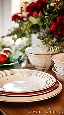 Dishware and crockery set for winter holiday family dinner, Christmas homeware decor for holidays in the English country Stock Photo