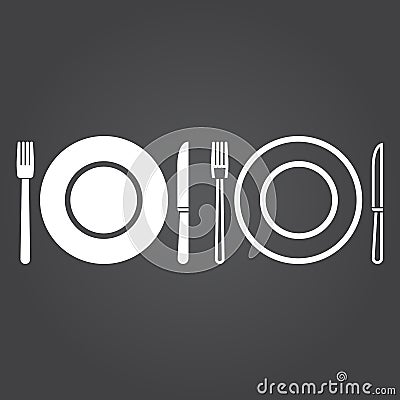 Dishware icon. Solid and Outline Versions. White icons on a dark Vector Illustration