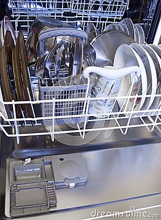 Dishwasher with clean dishes Stock Photo