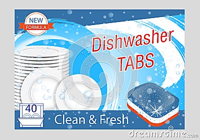 Dishwasher detergent tabs. Realistic illustration with plates in water splash and bubbles. Dish wash advertisement poster layout. Vector Illustration