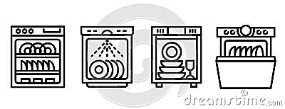 Dishwasher icons set, outline style Vector Illustration