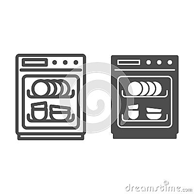Dishwasher line and solid icon, Kitchen equipment concept, Dish washer machine sign on white background, Dishwasher icon Vector Illustration