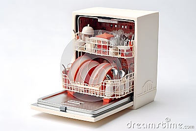 dishwasher machine with dishes inside on white background, neural network generated image Stock Photo