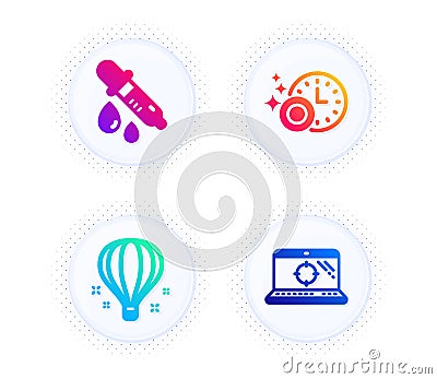 Dishwasher timer, Chemistry pipette and Air balloon icons set. Seo laptop sign. Vector Vector Illustration