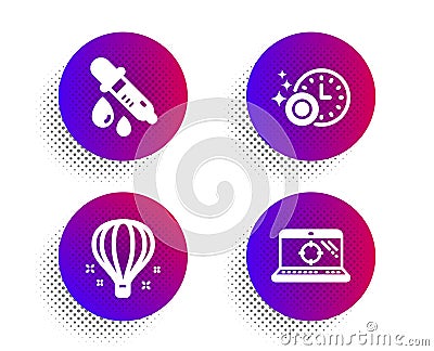 Dishwasher timer, Chemistry pipette and Air balloon icons set. Seo laptop sign. Vector Vector Illustration