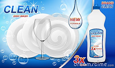 Dishwashing liquid product ad. Realistic dish washing template package design. Wash soap brand bottle with clean dishes Vector Illustration