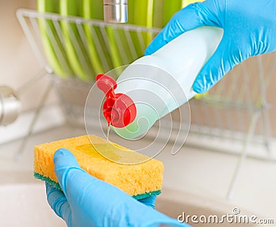 Dishwashing Liquid and Sponge Stock Photo