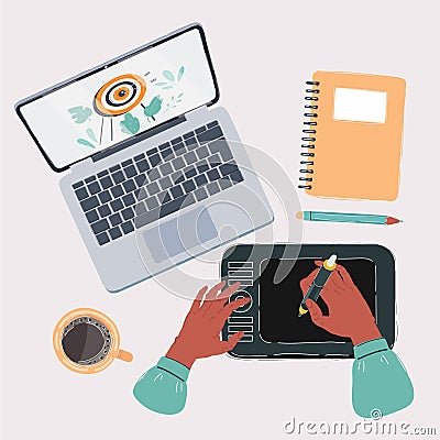 Disigner or cg artist working place top view. Digitizer, tablet, notebook, pencil Vector Illustration