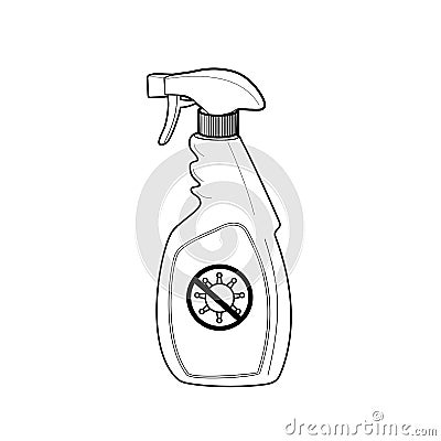 Disinfectant Spray Bottle with Stop Pandemic Virus Sign Line Drawing Black and White Vector Illustration
