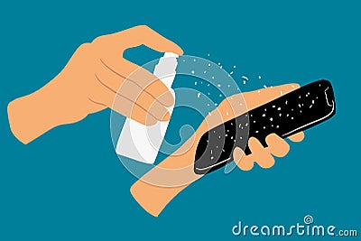 Disinfecting mobile phone with a disinfectant Vector Illustration