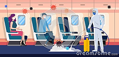 Disinfection of airplane with passengers Vector Illustration