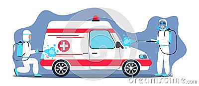 Disinfection of ambulance. Disinfectant workers are wearing protective mask and suit. Man is carrying gas cylinder. Toxic and Stock Photo