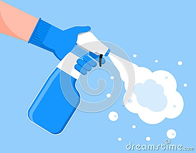 Disinfection concept vector for app, web, landing page. Human in gloves holding bottle of antiseptic spray. Hand sanitizer bottle Stock Photo