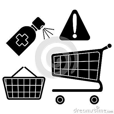 Disinfection of food basket and shopping trolley handles. Attention, protect yourself at the supermarket. Glyph. Sterile surface. Cartoon Illustration