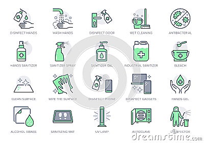 Disinfection line icons. Vector illustration included icon as spray bottle, floor cleaning mop, wash hand gel, autoclave Vector Illustration