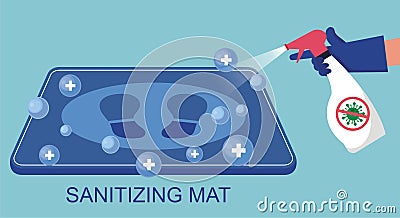 Disinfection mat with footprint sign in flat design. Sanitizing mat to clean Covid-19 coronavirus infection on shoes. Vector Illustration