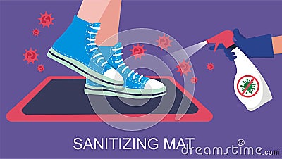 Disinfection mat with footprint sign in flat design. Sanitizing mat to clean Covid-19 coronavirus infection on shoes. Vector Illustration