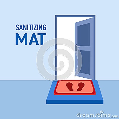 Disinfection mat with footprint sign in flat design on white background. Sanitizing mat to clean Covid-19 coronavirus infection on Vector Illustration