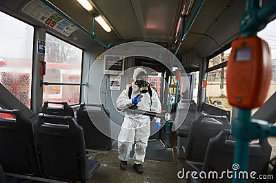 Disinfection of public transport as a preventive measure against the COVID-19 pandemic Editorial Stock Photo