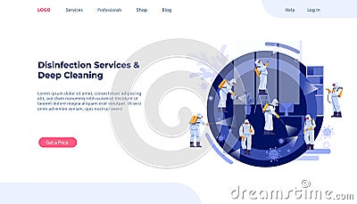 Disinfection Services and Deep Cleaning concept. Coronavirus, pandemic. Group Of Janitors In Uniform Cleaning and Vector Illustration