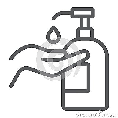 Disinfection soap with hand line icon, wash and hygiene, hand soap sign, vector graphics, a linear pattern on a white Vector Illustration