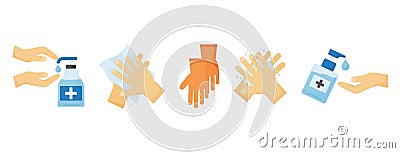 Disinfection vector PPE icon. Hand sanitizer bottles, washing gel, spray, liquid soap, gloves. Hand hygiene for virus. Medical Cartoon Illustration