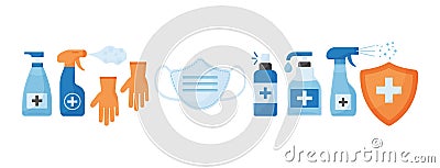 Disinfection. Virus prevention icons. Face medical mask, gloves, hand sanitizer bottles. Medical insurance. Vector Cartoon Illustration
