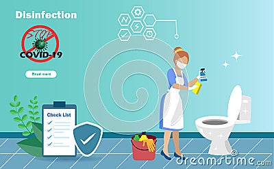 Disinfective housekeeping service. cleaning maid holding alcohol spraying on toilets. Idea for disinfection cleaning to protect Vector Illustration