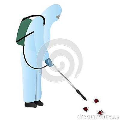 Disinfector in a mask and protective suit in blue. Color vector illustration. Treats air from COVID-19 coronavirus infection. Vector Illustration