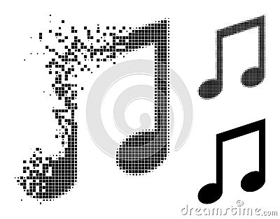 Disintegrating Pixel Music Notes Icon with Halftone Version Vector Illustration