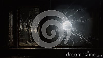 Disintegration, destruction of a ball lightning in a living room. Powerful electrical discharges, plasma clots. Stock Photo