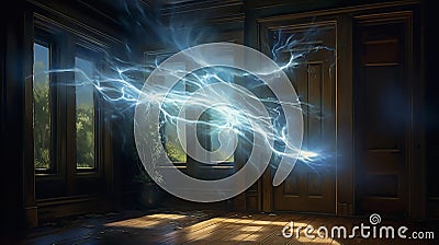 Disintegration, destruction of a ball lightning in a living room. Powerful electrical discharges, plasma clots. Stock Photo